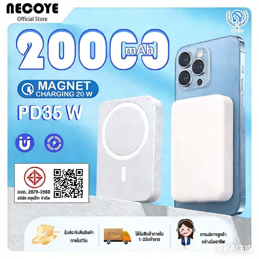 พาวเวอร์แบงค์แม่เหล็ก 30000mAh ชาร์จเร็ว พกพาสะดวก Magnetic power bank พาวเวอร์แบงค์ไร้สาย แม่เหล็ก 20W PD35W Type C