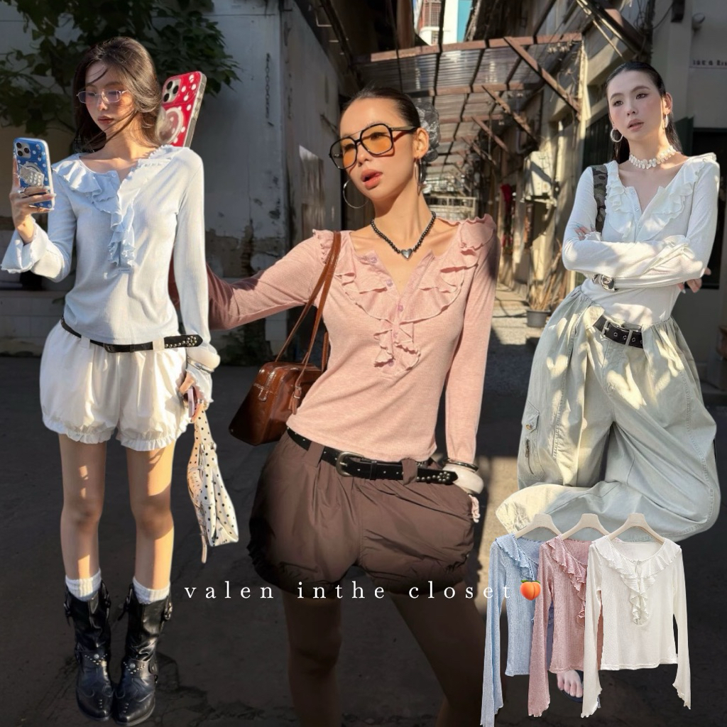 ส่งด่วน 🍑 26T029 MMFISH 𝗚𝗜𝗚𝗜 𝗦𝗢𝗙𝗧 𝗧𝗢𝗣 เสื้อแขนยาว คอเสื้อแต่งระบายน่ารักๆ