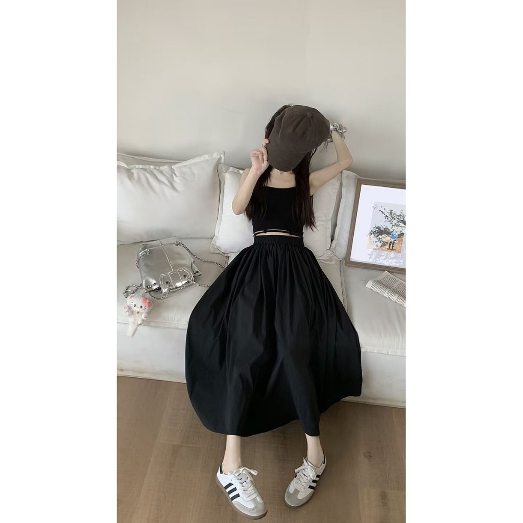 สีดำ ยาวพิเศษ กระโปรง กระโปรงทรงเอ เอวสูง หลวม ความทิ้งตัว การทำตัวให้ผอม ย้อนยุค บุคลิกภาพ - รูปที่ 5
