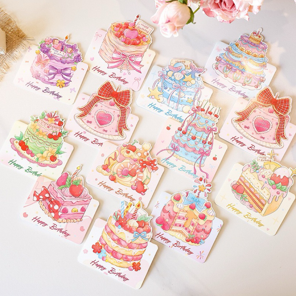 แบบ G6: การ์ดอวยพรลายเค้กสวยหวาน Happy Birthday Card การ์ดวันเกิด  การ์ดอวยพรวันเกิด pop up พับครึ่ง การ์ดลายสวยราคาถูก