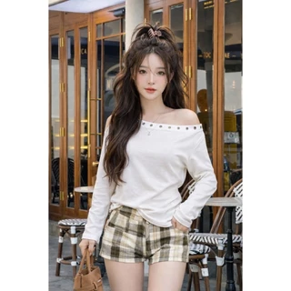 Acasey เสื้อปาดไหล่ แขนยาว ✨ Eyelet Chic Off-Shoulder Tee ✨ EL