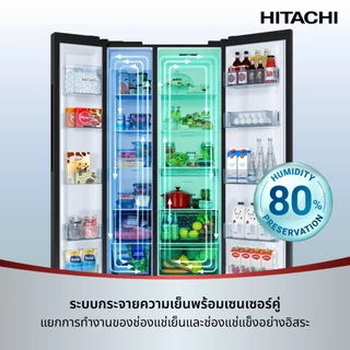Hitachi ฮิตาชิ ตู้เย็น 2 ประตู Side By Side 23.07 คิว 653 ลิตร Deluxe รุ่น HRSN9713ESAGBKTH กระจกสีดำ
