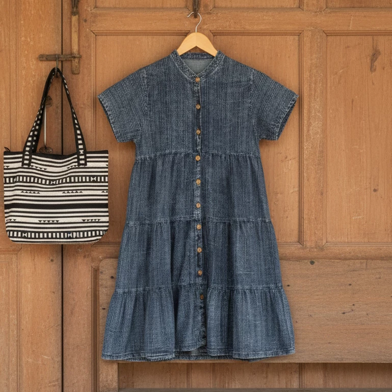 Nana’s Craft เดรสผ้าม่อฮ่อมทอลาย สโตนวอช (Stone Wash)