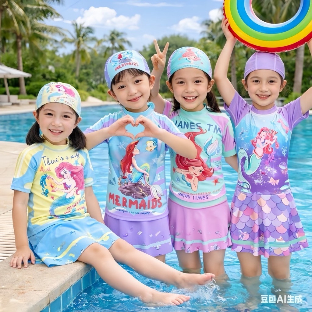 BB197 ชุดว่ายน้ำเด็กผู้หญิง ลายเจ้าหญิงนางเงือก ‍️ เซต 2 ชิ้น เสื้อแขนสั้น + กระโปรง พร้อมหมวกว่ายน้ำ ใส่สบาย สำหรับเด็ก