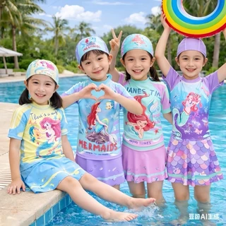 BB197 ชุดว่ายน้ำเด็กผู้หญิง ลายเจ้าหญิงนางเงือก ‍️ เซต 2 ชิ้น เสื้อแขนสั้น + กระโปรง พร้อมหมวกว่ายน้ำ ใส่สบาย สำหรับเด็ก