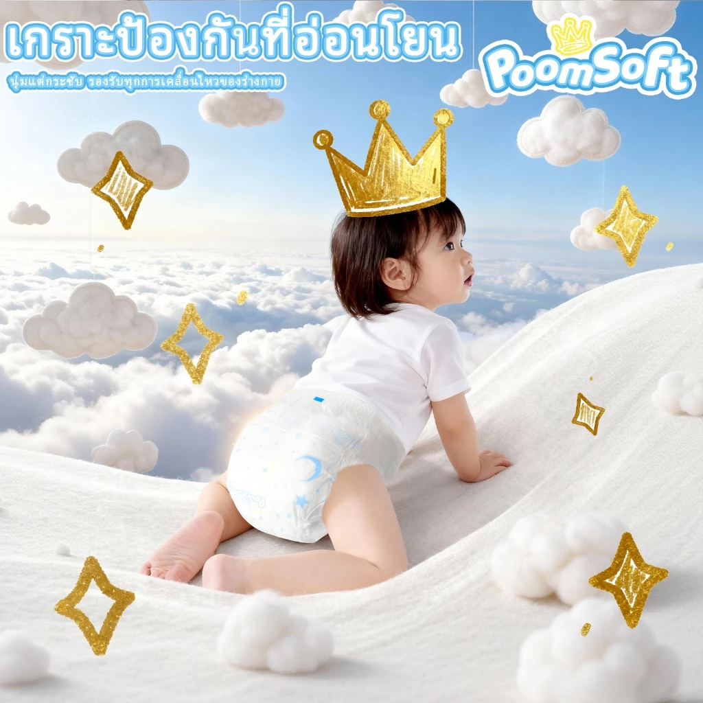 Poomsoft 50ชิ้น ผ้าอ้อมเด็ก นุ่ม บางเบา ทิ้งได้ง่าย ผ้าอ้อม กางเกง&เทป Baby Diaper Pants NB-4XL thumbnail 3