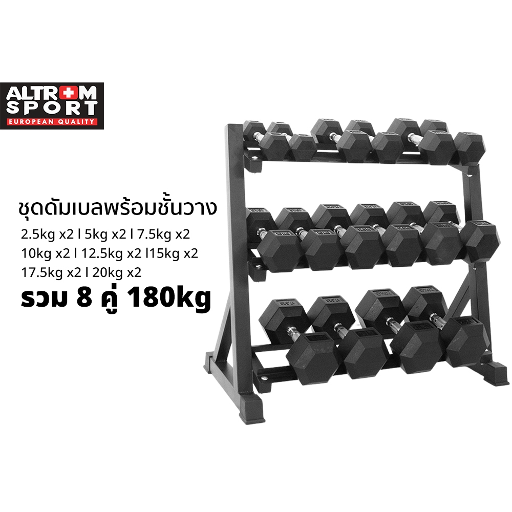 Altrom Sport ดัมเบลเหล็กหกเหลี่ยม พร้อมชั้นวาง 180 kg  Hex Rubber Dumbbell Set with Rack Total 180 k
