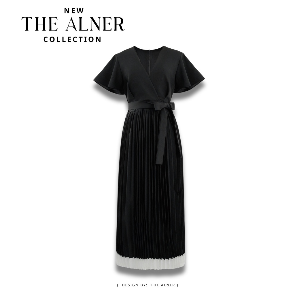 Thealner-AN322 (เดรสดำคอวีชายอัดพลีทเชือกผูกโบว์) ราคา ถูกที่สุด ดีลบีเคเค