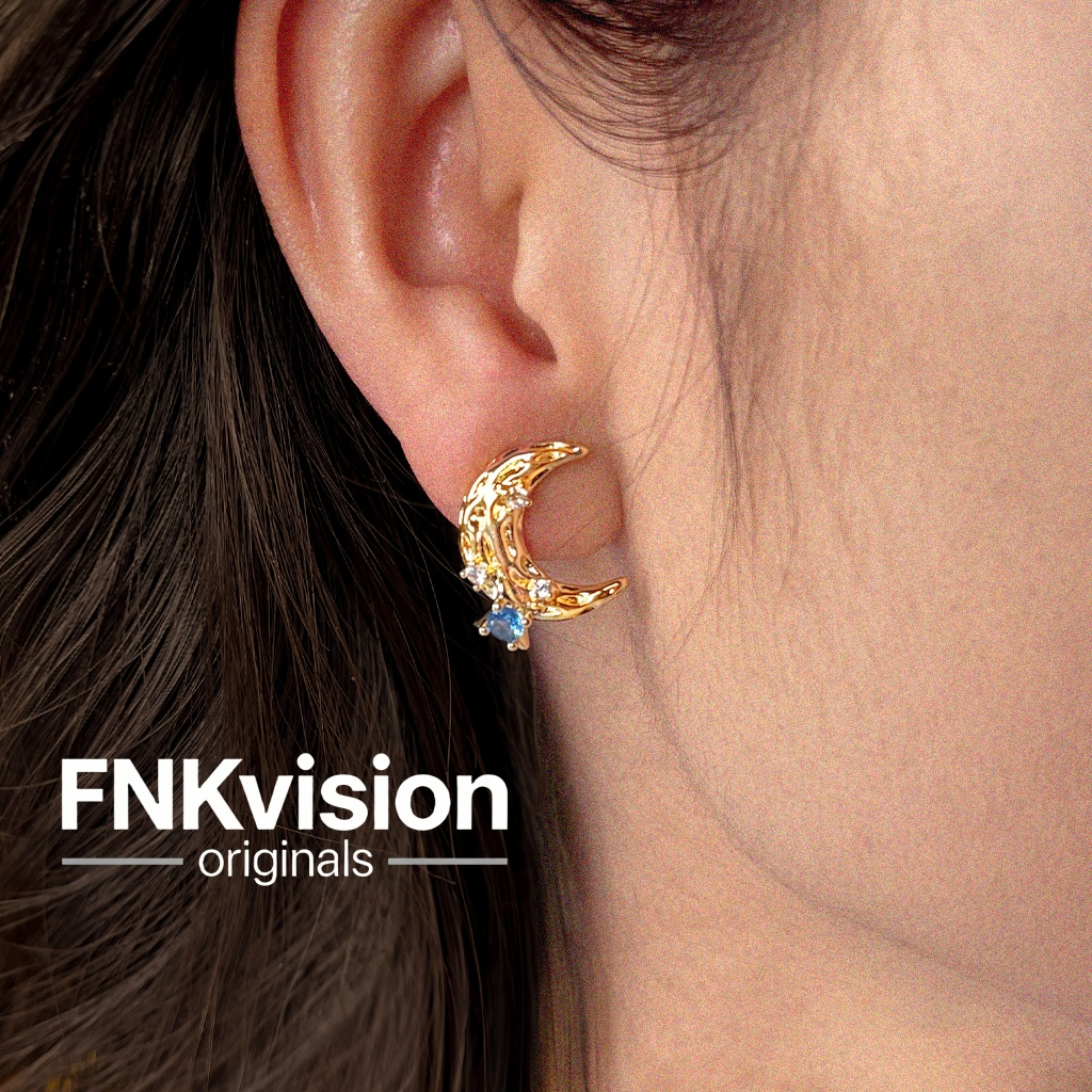 FNKvisionการออกแบบดั้งเดิมต่างหูพระจันทร์ เพชรสีน้ำเงินทะเล ทอง18K ชุบหนา