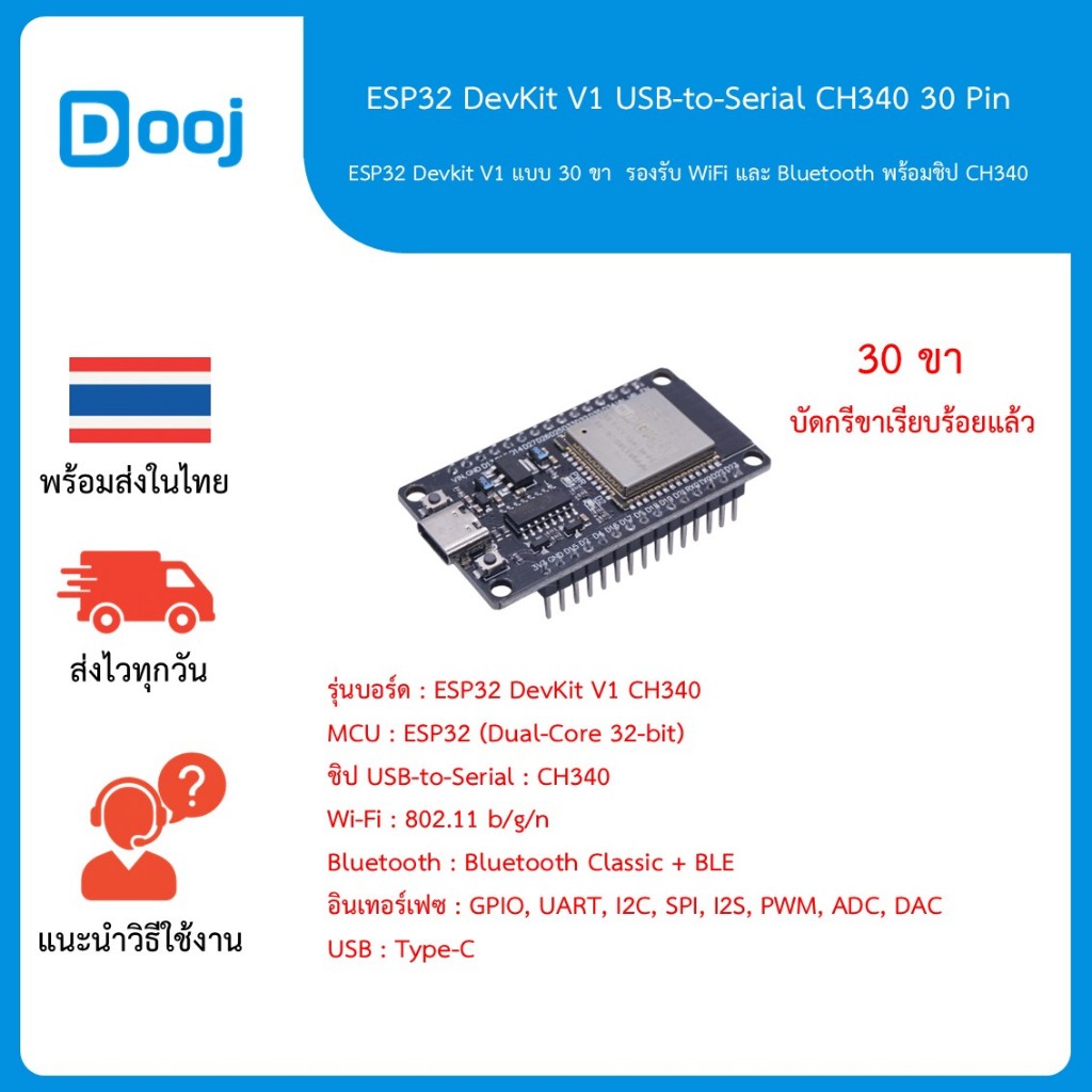 [พร้อมส่งในไทย] ESP32 DevKit V1 CH340 30ขา บัดกรีขาแล้ว บอร์ดพัฒนา WiFi + Bluetooth Dual Core 240MHz, USB Type-C