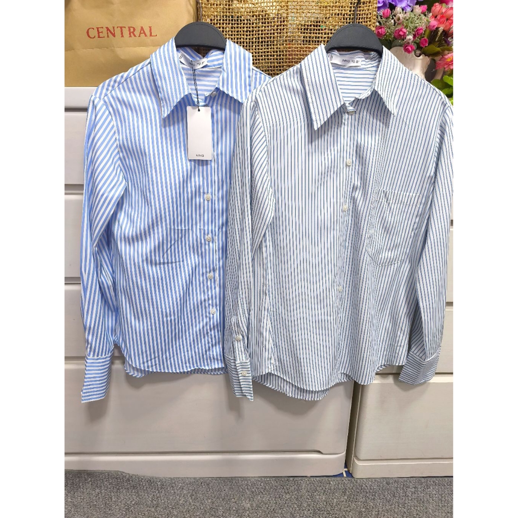 Mango shirt เสื้อเชิ้ตผู้หญิง แขนยาว ลายทางสีฟ้า