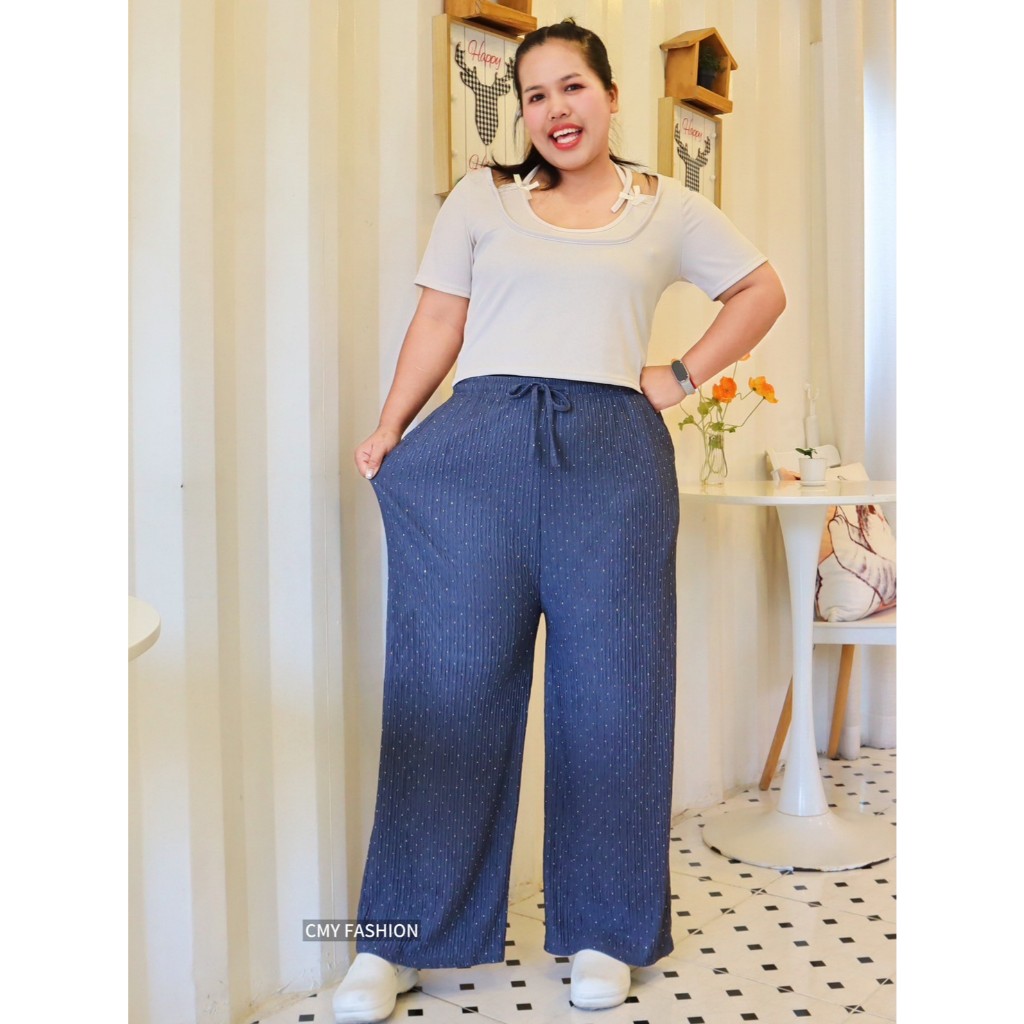 กางเกงขายาว ไซส์ใหญ่ ทรงขากระบอกใหญ่ เอวยางยืด ดีเทลติดเพชร ผ้าย่นลายเปลือกไม้ เนื้อผ้ายืดหยุ่น ใส่แล้วพรางหุ่น pb9887# - รูปที่ 5