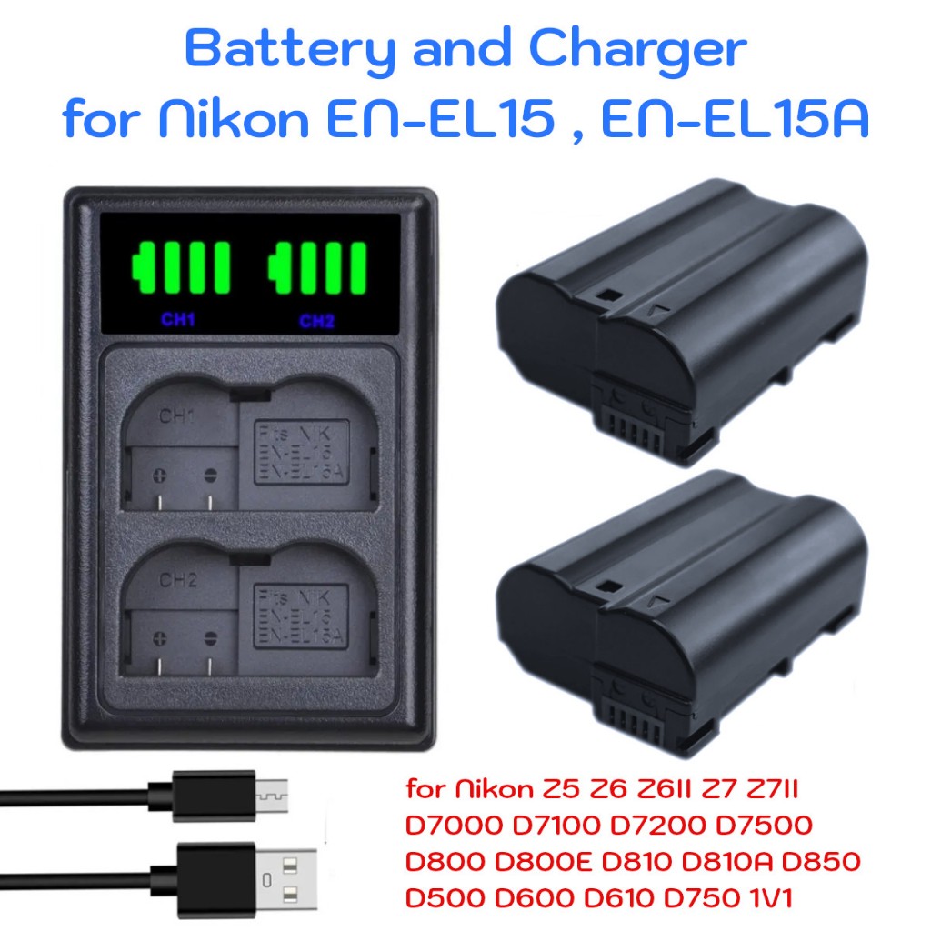 Nikon EN-EL15 Camera Battery and Charger for Z8 Z7 Z6 D7500 D7200 D810 D800 D610 D600 D750 D500 1V1