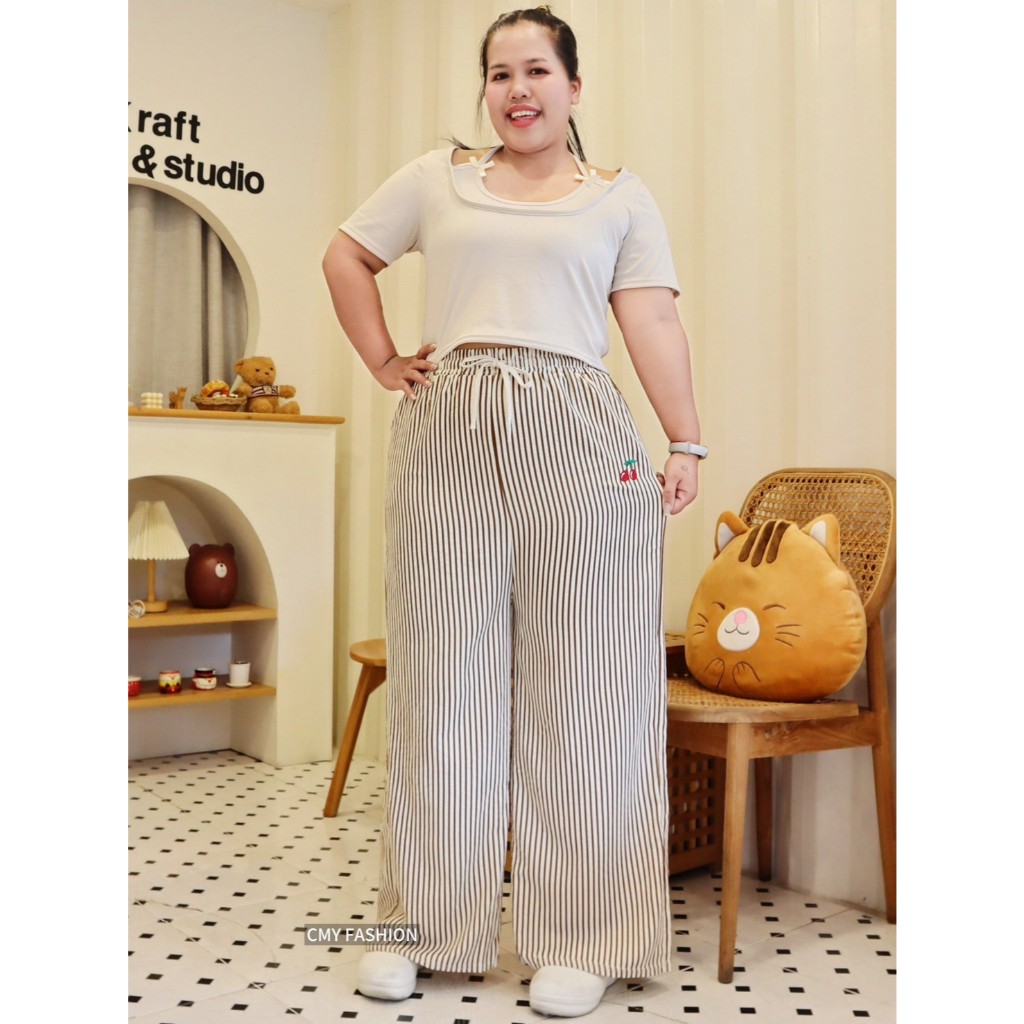 กางเกงขายาว 9ส่วน ไซส์ใหญ่ ทรงขากระบอกใหญ่ ลายริ้วลายทาง ปักลายCherry ผ้าบับเบิ้ล เนื้อผ้านิ่ม ทรงสวยแมทช์ง่าย pb921# - รูปที่ 5