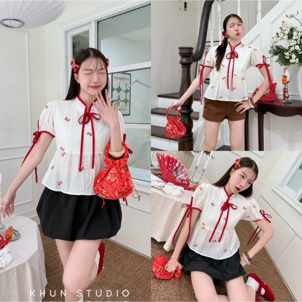 เสื้อกี่เพ้าคอตั้ง เสื้อกี่เพ้าคอตั้ง น่ารักงานเสื้อปักโบว์ สาวอวบใส่ได้ แขนแต่งโบว์สีแดง ตัวยาว KHUN (K031)