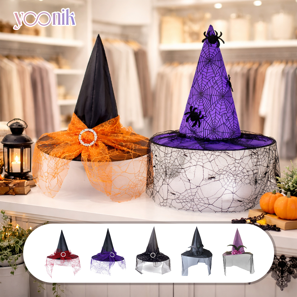 หมวกแม่มดฮาโลวีน พร้อมผ้าตาข่าย ระบายอากาศดี สำหรับงานปาร์ตี้ งานถ่ายรูป