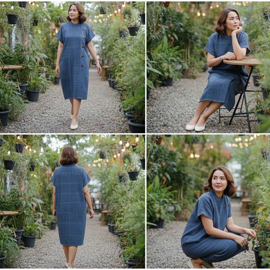 เดรสผ้าฝ้าย เดรสคอปีน เเขนสั้น ผ้าฝ้าย 100% ย้อมสีม่อฮ่อมทำหินขัด (Stone Wash) ผ้านุ่ม ใส่สบาย