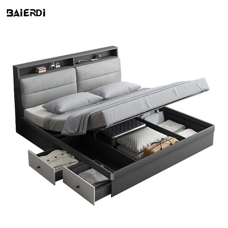 BAIERDI MALL เตียงที่เรียบง่ายทันสมัยสูงกล่องเก็บของเตียง เตียงเก็บที่มีลิ้นชักเก็บเสื่อ ห้องนอนใหญ่เตียงคู่1.5เมตรมัลติ