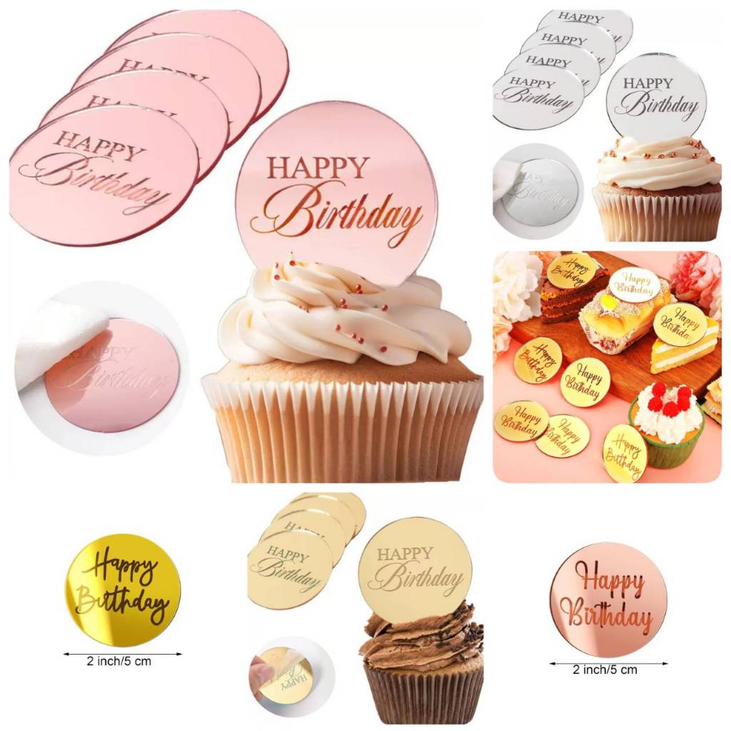 ป้าย HBD อะคริลิค สีเงิน ทอง โรสโกลด์ รุ่นแผ่นวงกลม แพค12ชิ้น
