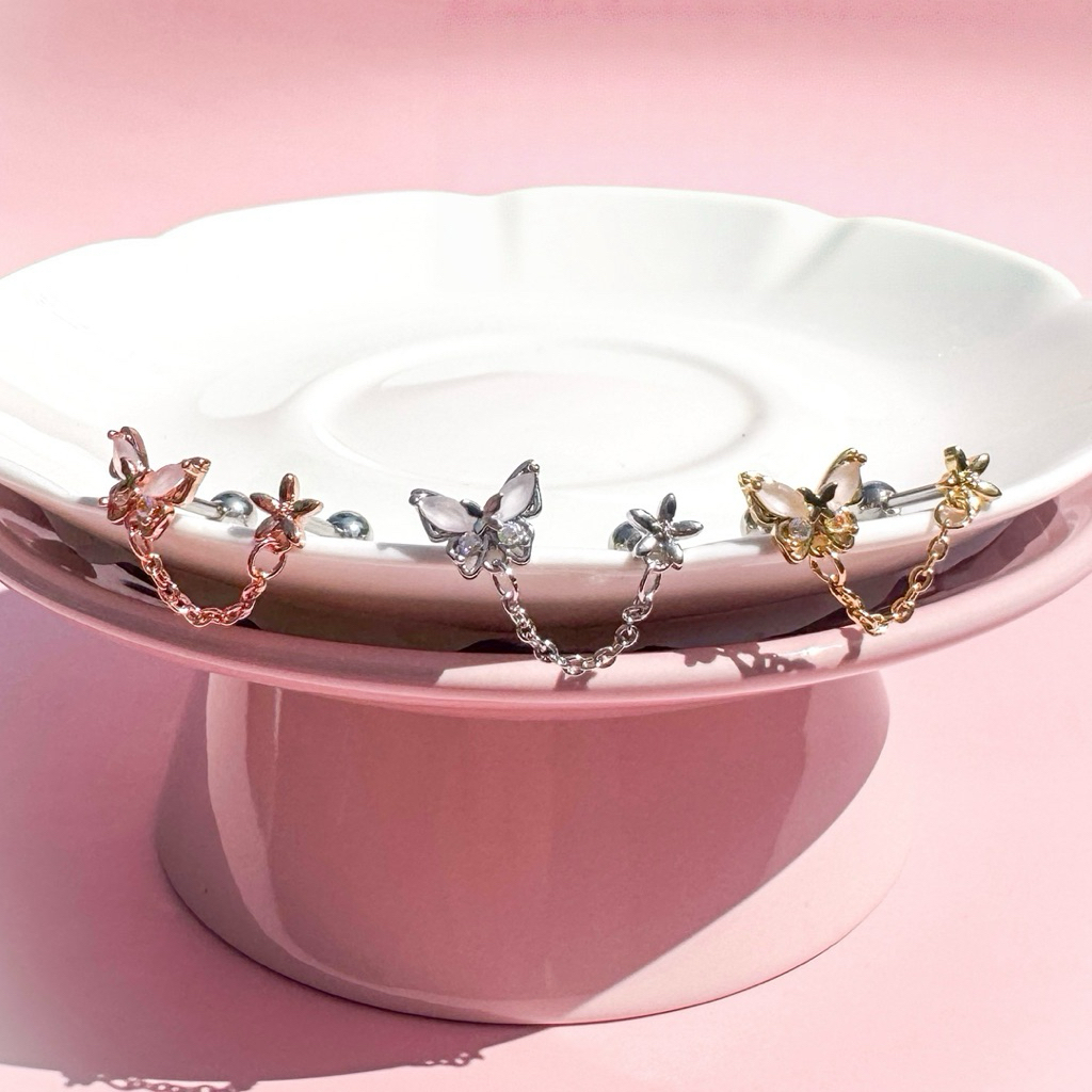 More Than Piercing: C002 Pinky Butterfly Chain *waterproof* (1 pc) จิวหู/ต่างหู