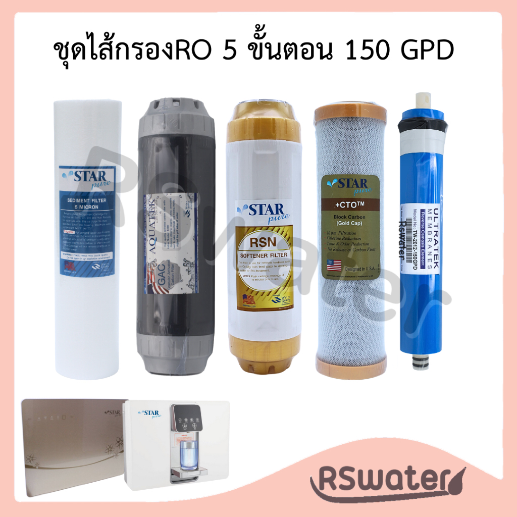 ชุดไส้กรองน้ำ ระบบอาร์โอ RO 5 ขั้นตอน star pure มีเมมเบรน 150 GPD เครื่องกรองRO