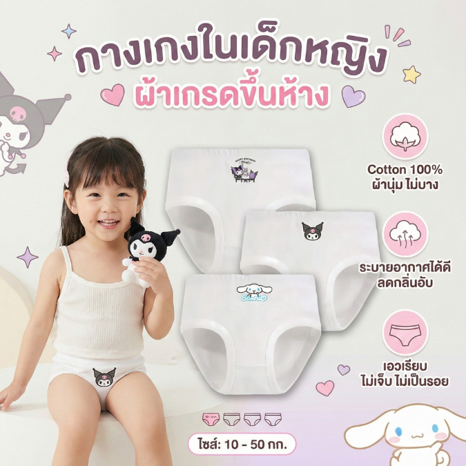 กางเกงในเด็กหญิง กางเกงในเด็ก ขาเว้า สีขาว ลายซานริโอ้ sanrio 10-50กก. cotton100% ผ้านุ่ม ไม่บาง ระบายอากาศได้ดี #1
