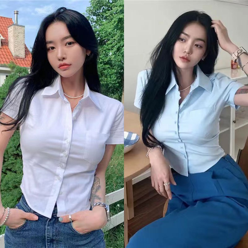 ผู้หญิง เข้ารูป แขนสั้น เสื้อเชิ้ต สีทึบ สไตล์เกาหลี สไตล์ลำลอง เสื้อสั้น