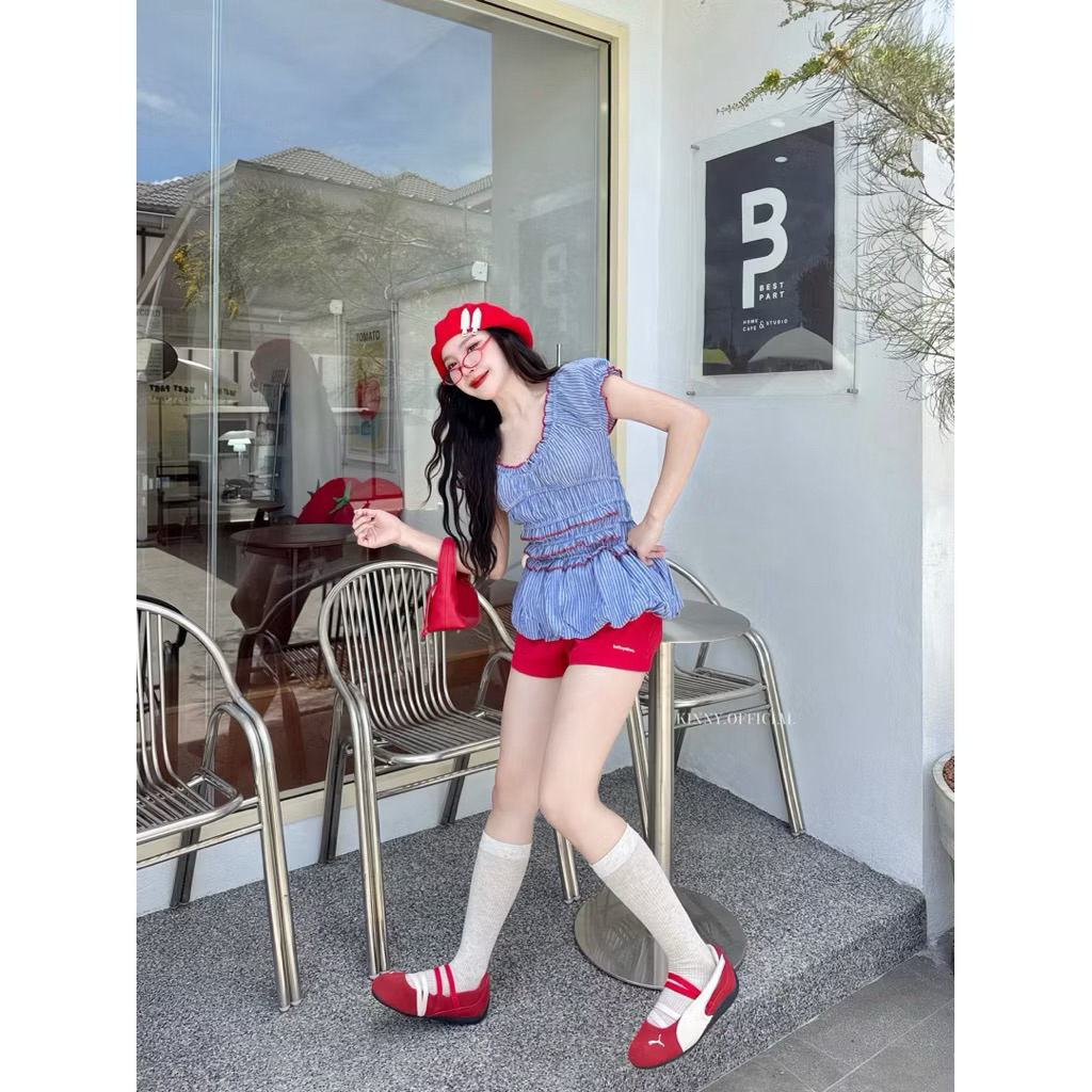 🍒Pummy Top เสื้อแขนตุ๊กตาลายริ้วทรงบอลลูน มือสอง|สีน้ำเงิน