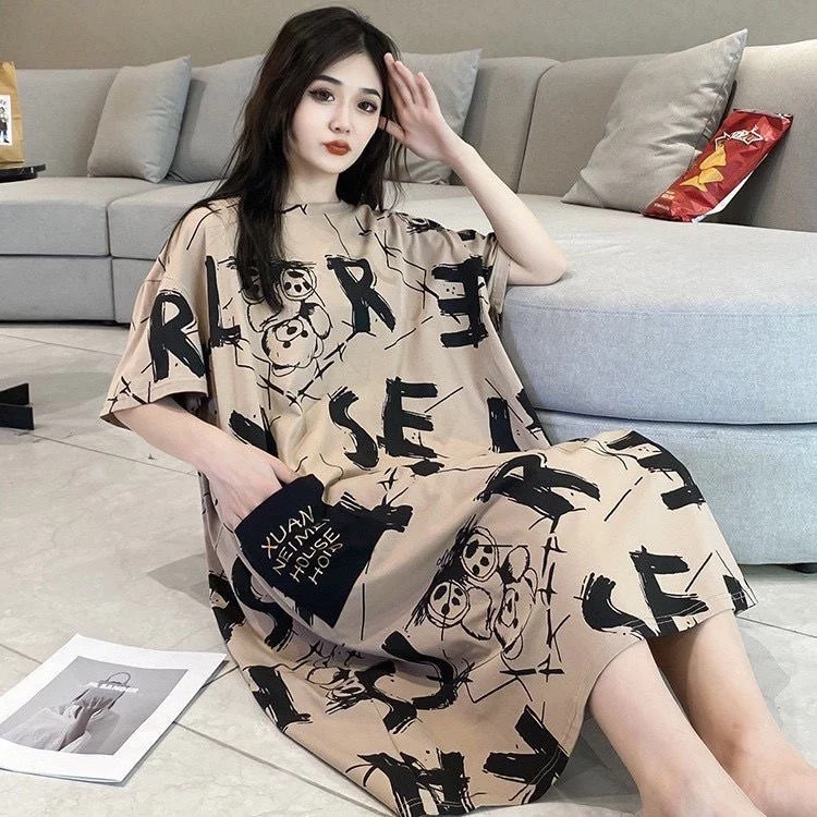 💥 ชุดนอนเดรสโอเวอร์ไซส์ลายการ์ตูนใส่ได้ 50-150 กก. ใส่สบายผ้านุ่ม ซ่อนไขมันได้ดี ไม่รัดตัว สวมใส่ทุกวัน