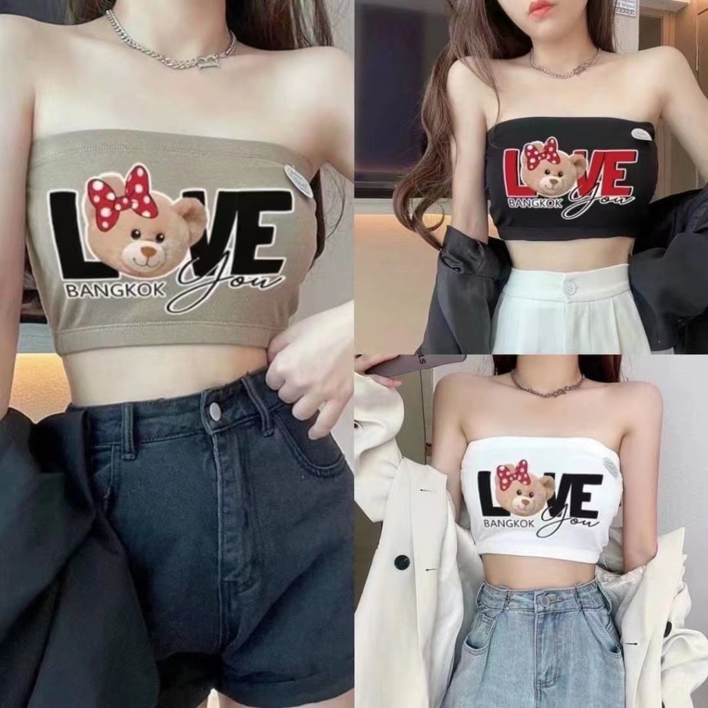 Strawbrary🍓เสื้อเกาะอกครอปผู้หญิง ลายหมี LOVE Bangkok มีฟองน้ำ ใส่สบาย อก28-36นิ้ว