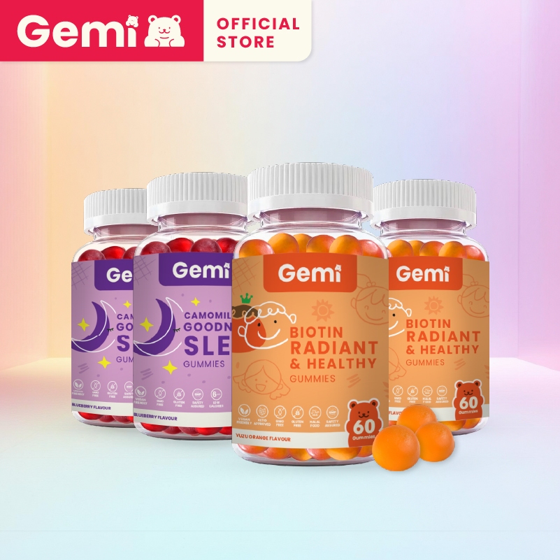 Gemi เจมมี่ ไบโอตินและกู๊ดไนท์สลีพ กัมมี่ รวม 4 กระปุก / Gemi Biotin & Goodnight Sleep Gummy / GemiGummi