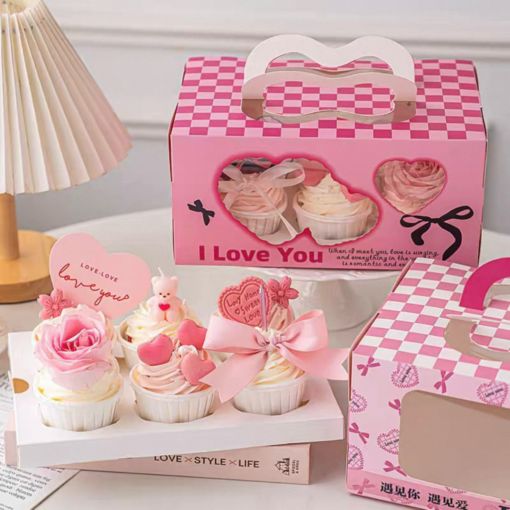 พร้อมส่ง กล่องคัพเค้กของขวัญวาเลนไทน์ 6 ช่อง พร้อมหูจับ (นำช่องออกได้)