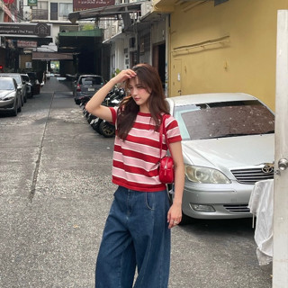 Peche Rosie Knit Top เสื้อไหมพรมลายทางแขนสั้น