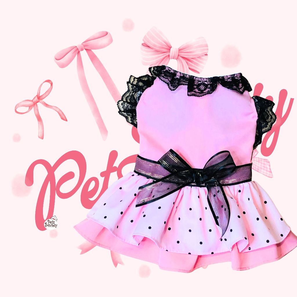 PetSociety เสื้อสุนัข-แมว Dog clothes Cat Clothes ชุดเดรสแฟชั่น โพลก้าดอท สีชมพู ไซส์ S-4XL