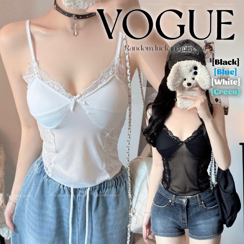 Vogue🌟พร้อมส่ง🌟 (FY10126) เสื้อสายเดี่ยวแต่งลายลูกไม้ผู้หญิง สไตล์สาวเซ็กซี่ ใส่สบาย แมตทุกลุค