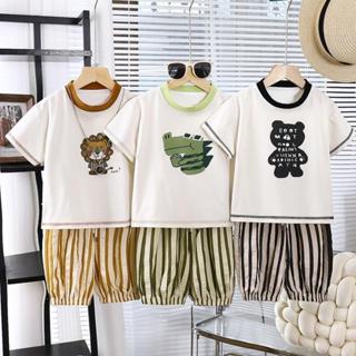 ชุดเด็กผู้ชายใส่ฤดูร้อน เสื้อยืดสีขาวลายจระเข้/หมี/สิงโต + ก…