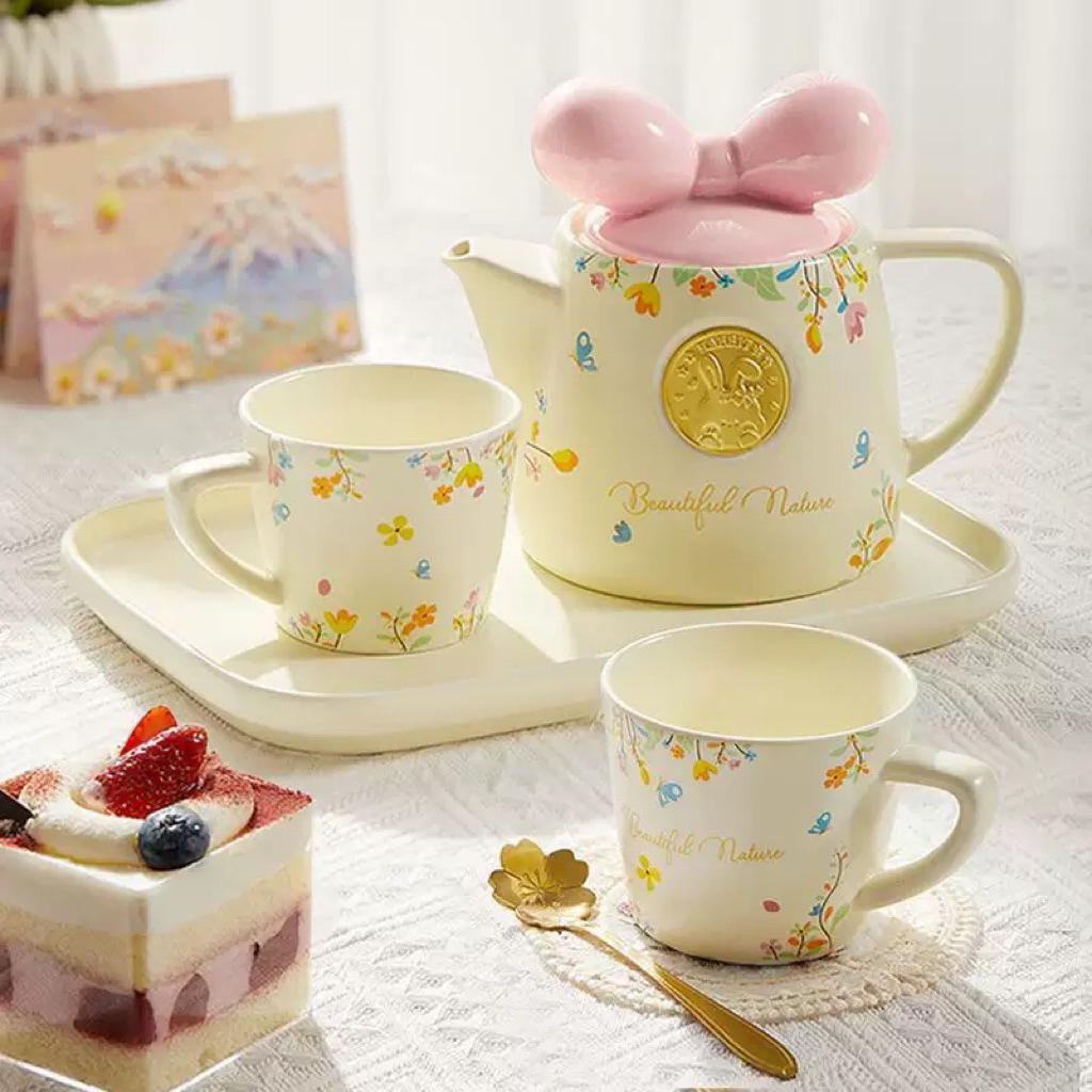 Set ชุดกาน้ำชา ชุดชงชา กาน้ำร้อนเซรามิก ลวดลายดอกไม้สีพาสเทลน่ารัก