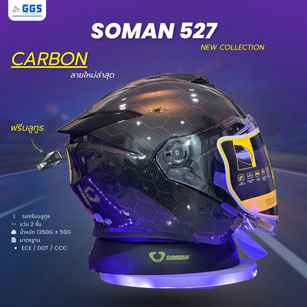หมวกกันน็อคครึ่งใบ Soman 527 ลาย Carbon ใหม่ล่าสุด 2026 แถมฟรีบลูทูธ! | นวมถอดซักได้ 3 ชิ้น ไม่เหม็น