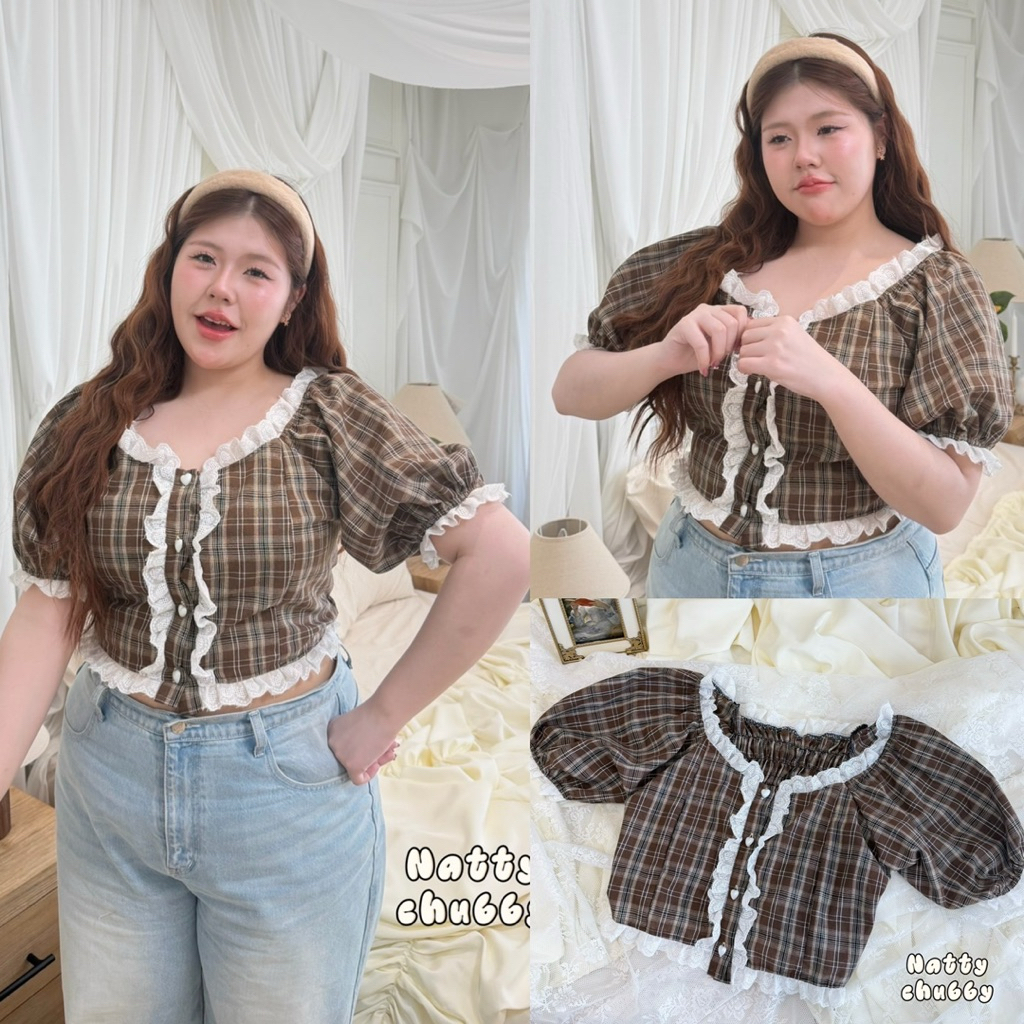 /NT/ เสื้อครอปสก็อตแขนตุ๊กตา ไซส์อก38-50 แต่งลูกไม้ทั้งตัว หลังสม็อค กระดุมหัวใจ คิ้วท์สุด ใส่แล้วลดอายุแบบเนียนๆ 💕