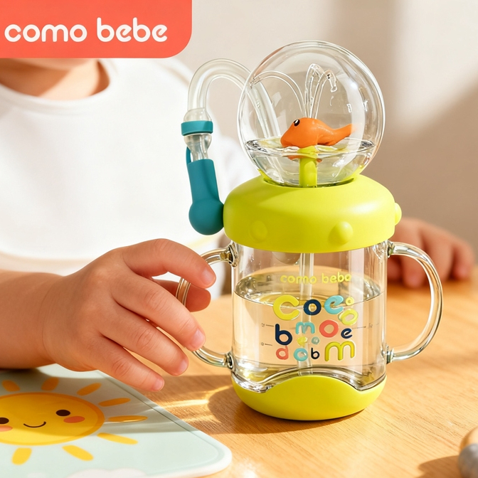 COMO BEBE ขวดน้ำเด็ก Tritan BPA Free 220ml/350ml หลอดดูดปลาวาฬพ่นน้ำ แก้วน้ำเด็กหัดดื่ม ปลอดภัย