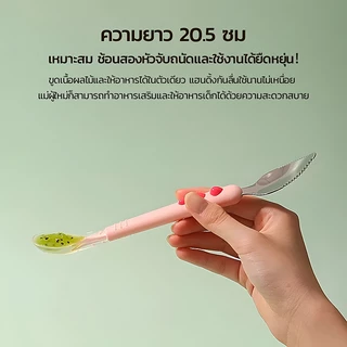 <มีสินค้าพร้อมส่ง> ช้อนเด็ก2หัว สแตนเลส304 ขูดผลไม้ ซิลิโคนนุ่ม ป้องกันเหงือก มีฝาปิด