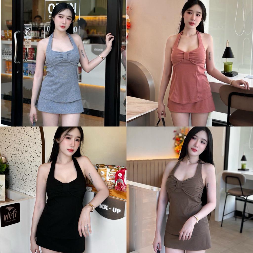 Set คล้องคอโบว์อกคู่กระโปรงกางเกง( B2 )แฟชั่นสุดฮิปสำหรับสาวๆ ที่ชอบสไตล์ที่มีความคล่องแคล่ว
