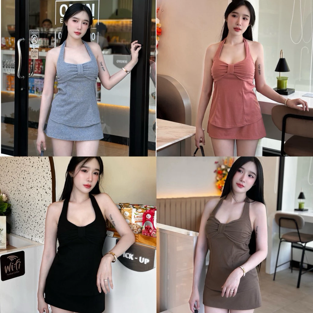 Set คล้องคอโบว์อกคู่กระโปรงกางเกง( B2 )แฟชั่นสุดฮิปสำหรับสาวๆ ที่ชอบสไตล์ที่มีความคล่องแคล่ว