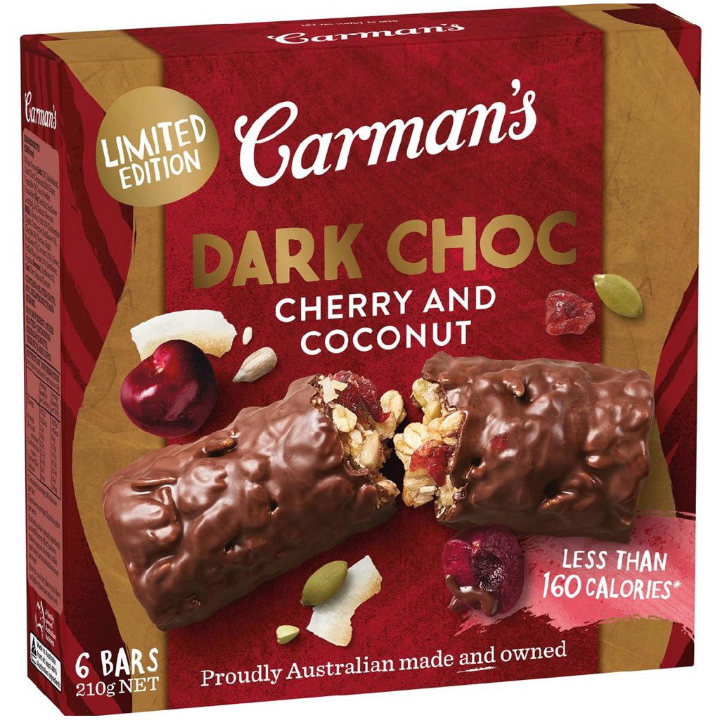 Carman’s Apple Pie Oat Bar/Dark Choc Cherry/Gluten Free Almond Hazelnut/Dark Choc Coconut/Super Berr