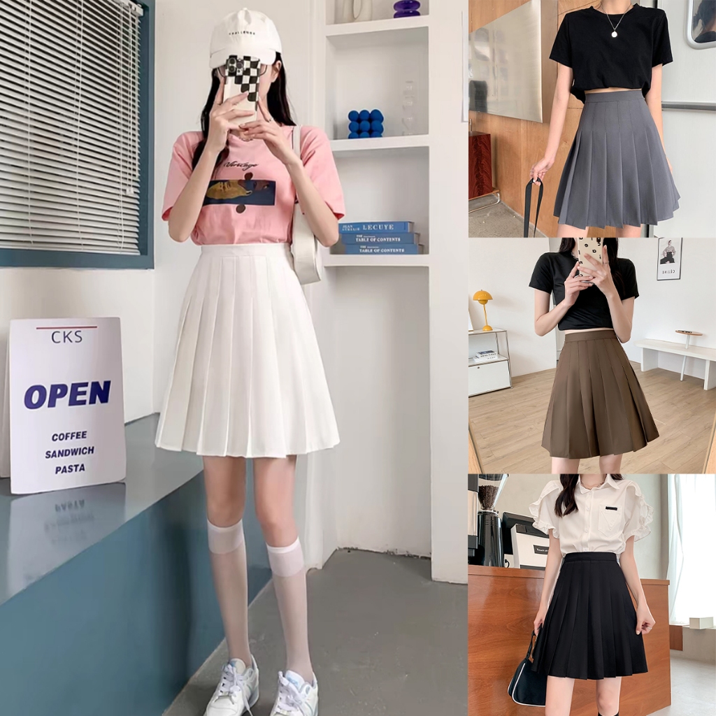 ผู้หญิง กระโปรงยาว กระโปรงพลีทจีบเล็ก สีพื้น กระโปรงขาว Plus Size ผ้าคุณภาพสูง ขนาด XS-XXXL พร้อมส่ง