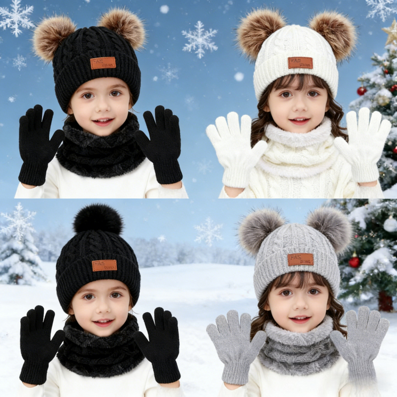 หมวกเด็ก ผ้า้าพันคอ ถุงมือ หมวกถักไหมพรม ขนปุยนุ่ม ให้ความอบอุ่น แฟชั่นฤดูหนาว เด็กผู้ชาย และเด็กผู้หญิง