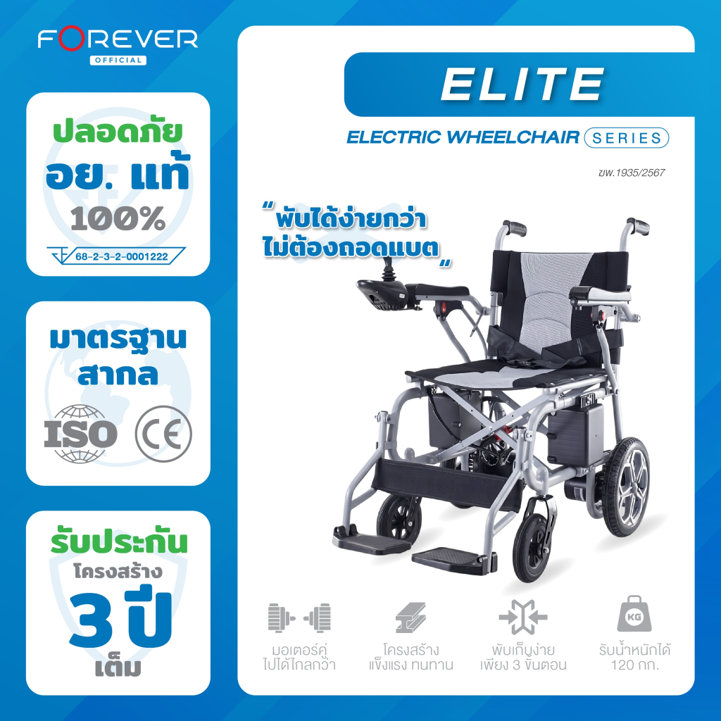 FOREVER รุ่น Elite 2025 รถเข็นไฟฟ้าพรีเมี่ยม เบรกไฟฟ้า รถหยุดไม่ไหล วีลแชร์ไฟฟ้า
