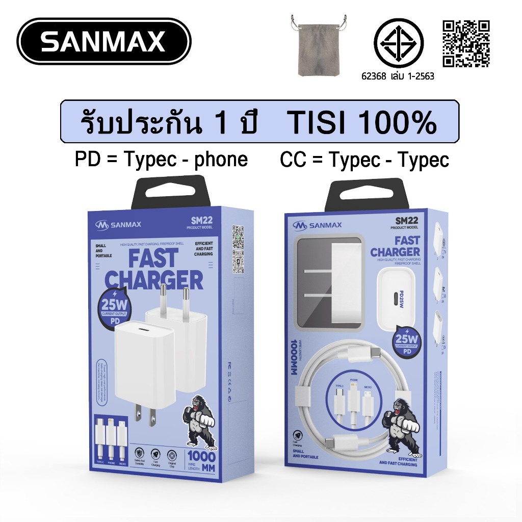 sanmax SM22 ปลั๊กชาร์จ USBC สายชาร์จ Typec 3A + หัวชาร์จ 25W PD สำหรับ phone 7 8 x xr xs 11 12 13 14 15 16 17 s8 s25 ..