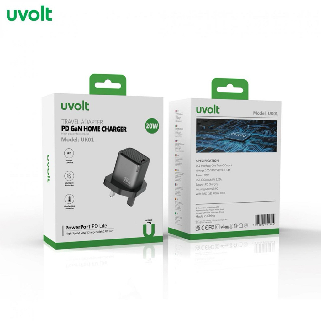 หัวชาร์จ อแดปเตอร์ PD101AC : Uvolt Adaptor PD20W 1 Port Model:PD-101AC[PD-205] ประกัน 6 เดือน สีเทา