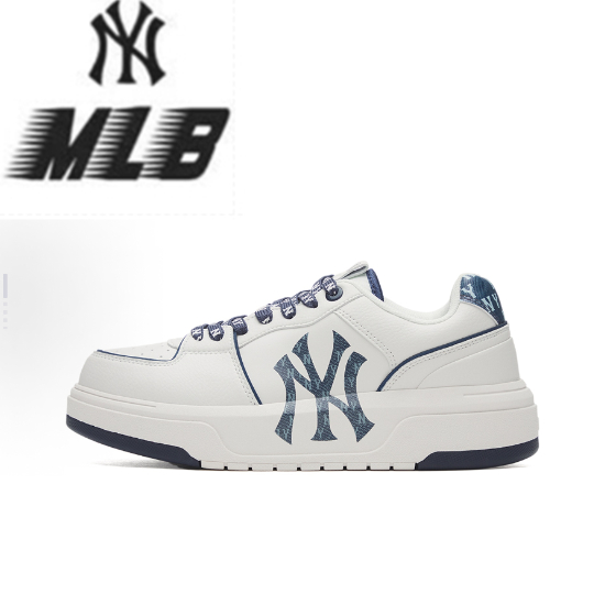 【ของแท้ 100%】MLB New York Yankees Synthetic Leather Senior Middle Top Board Shoes White Hidden Blue
